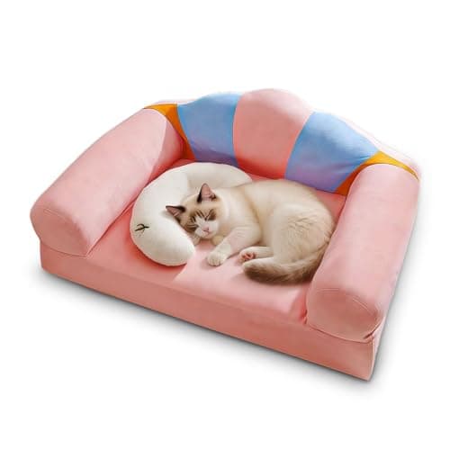 MOYMO Cute Cat Couch with Soft Pillow, Supportive Dog Couch, Cat Sofa with Removable Cover，Cute Rainbow Shaped, 24 Inch - Image 1