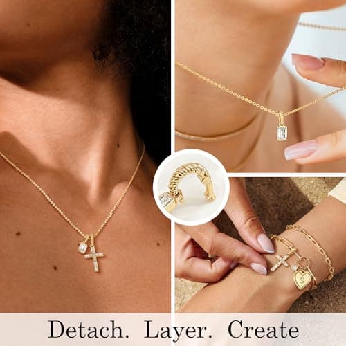 Fettero Gold Necklace for Women - Dainty Cross Necklace Detachable Tiny CZ Cross Pendant Non-Tarnish Faith Gold Necklace for Women Trendy Christian Religious Jewelry Gift - Thumbnail 4