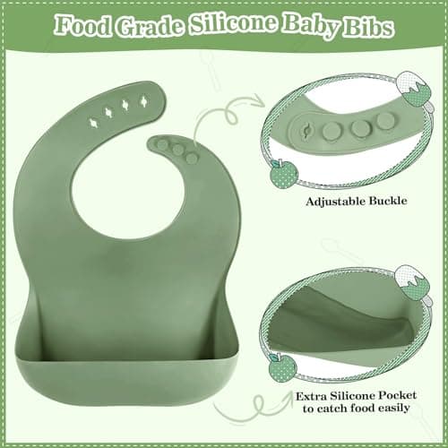BXLL Olive Green 10 Pcs Baby Led Weaning Supplies - Silicone Baby Feeding Set with Suction Bowl, Divided Plate, Bibs, Fruit Feeder, Pacifier, Spoons, Forks, Sippy Cup & Snack Cup - Thumbnail 6