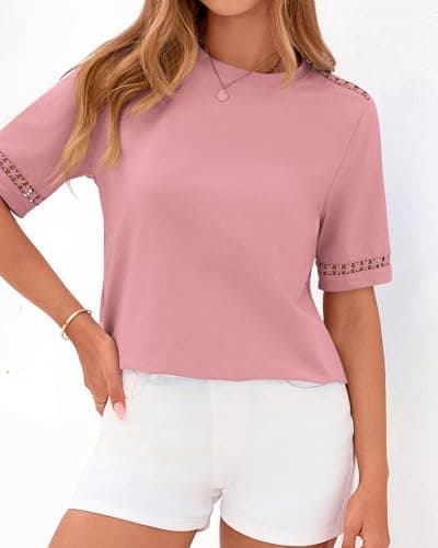 BTFBM Womens Summer Tops Lace Short Sleeve Shirts 2026 Spring Casual Loose Crew Neck Cotton Knit Cute Business Blouses(Pink, Large) - Thumbnail 2