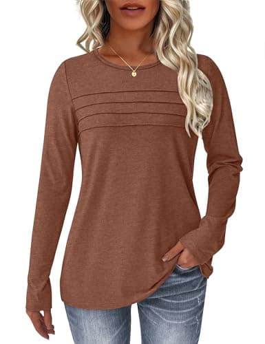 NORACORA Women's Long Sleeve Tops Crew Neck Casual Tunics Dressy Pleated Front T Shirts Business Blouses 2025 Spring Fall Outfits Pullover Tshirts Caramel XL - Image 1