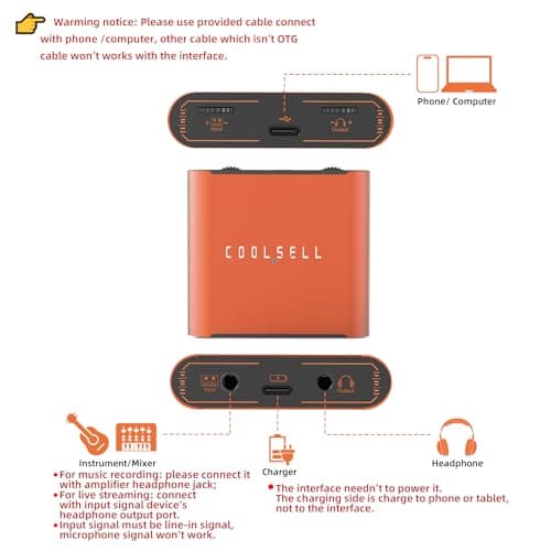 COOLSELL 192kHz/24bit Audio Interface, Portable USB & iPhone Guitar Interface with Dual Gain Dial for Recording and Streaming, Stereo Interface Compatible with Phone, Tablet, Mac, PC (Upgrade Version) - Thumbnail 6