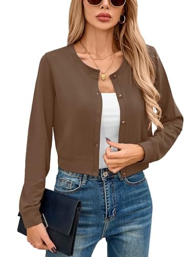 Heymoments Women Cropped Cardigan Bolero Shrug Coffee XX-Large Button Down Long Sleeve Crewneck Casual Business Ladies Open Front Knit Lightweight Coat Fall Tops Sweater for Dresses Jean - Image 1