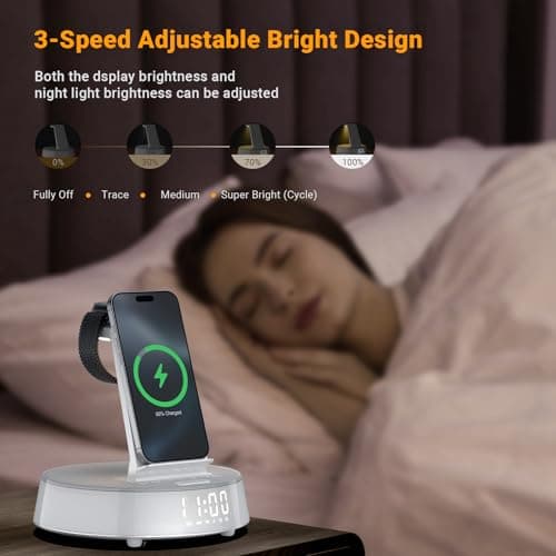 Alarm Clocks for Bedrooms with Wireless Charging Station, iPhone Charging Station with Dimmable Night Light Bluetooth Speaker, Wireless Charger for iPhone 17 16 15 14 13 12 Pro Max, Apple Watch 11 - Thumbnail 6