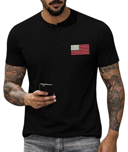 KESIHAN Men’s American Flag Henley T-Shirt Patriotic Graphic Casual Button Down Short Sleeve Slim Fit T Shirt - Image 1