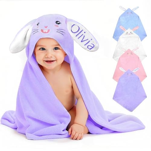 Individz Custom Hooded Bath Towel with Name, Personalized Highly Absorbent Bunny Towels, Baby Bath Towels for Girls Boys, Easter Brithday Shower Gifts for Baby, Toddler, Newborn (Purple) - Image 1