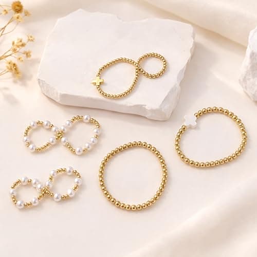 Fohufo Easter Gifts for Women - 14K Gold Plated Bracelets Sets for Women, Cross/Pearl Beaded Bracelets Jewelry, Easter Gifts Basket Stuffers - 4 Pcs Cross Bracelet - Thumbnail 6