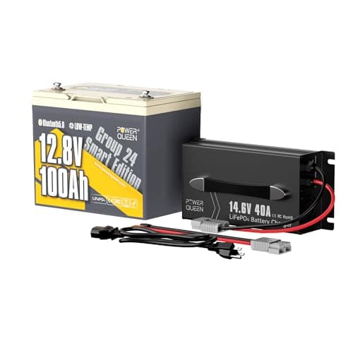 Power Queen Bluetooth 12V 100Ah LiFePO4 Battery with 14.6V40A LiFePO4 Battery Charger, Group 24 Deep Cycle Battery, 100A BMS with Low-Temp Cut-Off Protection for RV, Trolling Motors, Solar System - Image 1