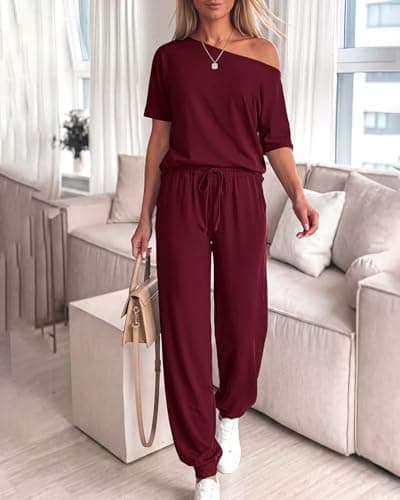 Zenlonr Women Summer 2 Piece Outfits 2026 Off Shoulder Short Sleeve Tops Elastic Waist Drawstring Long Pants Tracksuit(Wine Red,XX-Large) - Thumbnail 5