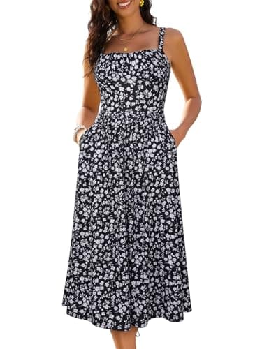 Sureple 2026 Floral Wedding Guest Midi Dress Summer Casual Adjustable Spaghetti Strap Boho Long Dress for Iland(SP566-Black Floral 04-M) - Image 1
