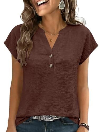 ANRABESS Womens Tops Dressy Casual Cap Sleeve Summer Work Blouses Textured V Neck Henley Shirts 2026 Trendy Business Outfits Coffee Large - Image 1