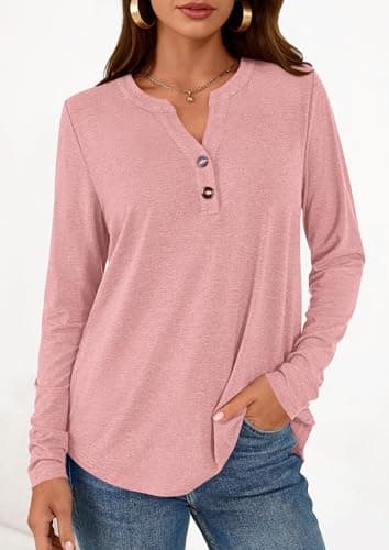 PRETTYGARDEN Long Sleeve Shirts for Women 2026 Spring Fashion Clothing Henley Tops Trendy Dressy Casual Blouses Work Outfits (Coral Pink,XX-Large) - Thumbnail 2