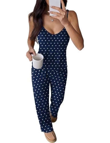 Ekouaer Y2K Womens 2 Piece Cami Pajama Set V-Neck Lace Tank & Flare Pants Sleeveless Sleepwear XS-2XL - Image 1