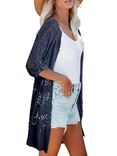 KISSMODA Summer Crochet Short Sleeve Cardigan for Women Navy Open Front Casual Lightweight Kimono Cover Ups for Grocery Runs XL - Thumbnail 5