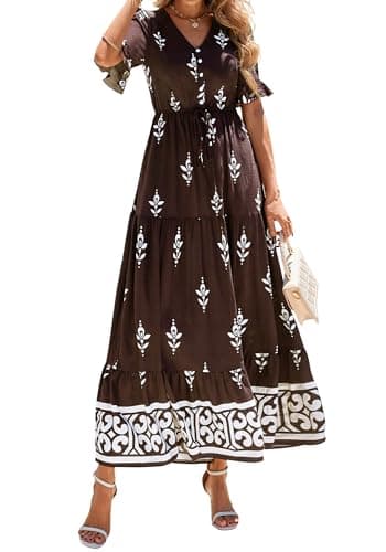 BTFBM Boho Dresses for Women 2026 Summer Spring Casual Floral Short Sleeve V Neck Flowy A-Line Maxi Party Dress Pockets(Floral Coffee White, Large) - Image 1