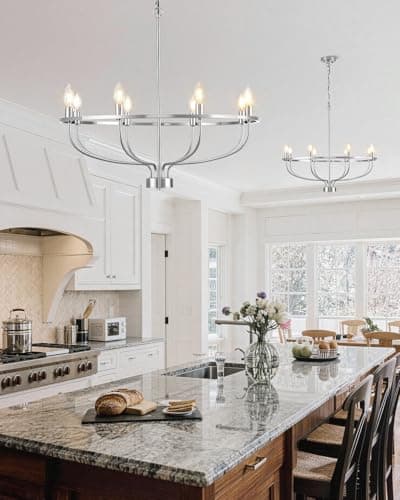 YUNNIX 8 Light Brushed Nickel Chandelier for Dining Room, 30 Inch Wagon Wheel Light Fixture, UL Whole Fixture, Silver Modern Farmhouse Candelabra Chandelier with Chain for Living Room, Entrance, Foyer - Thumbnail 3