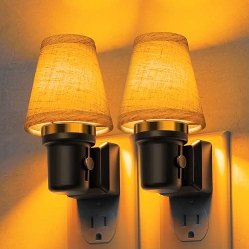 L LOHAS LED Night Lights Plug into Wall, 2 Pack Linen Fabric Round Platform Decor Night Light, Dusk to Dawn Sensor Vintage Nightlight, Amber Warm 0-100LM Dimmable, for Bedroom Living Room Hallway - Image 1