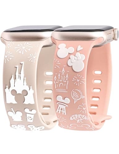 BEEXI 2 Packs Cartoon 3D Raised Band Compatible with Apple Watch Band 49/46/45/44/42mm Women Two-Tone Cute Silicone Strap for iWatch SE Series 10/9/8/7/6/5/4/3/2/1/Ultra(1/2) Starlight/Pink - Image 1