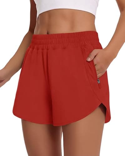 Running Shorts for Women - 3" Athletic High Waist Quick Dry with Liner Zipper Pockets for Workout Gym Red - Image 1