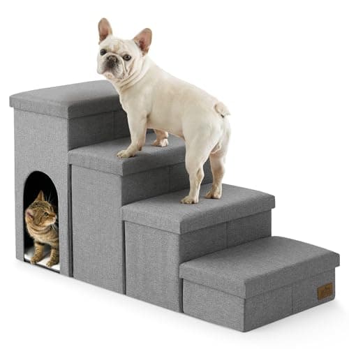 Dog Stairs with Storage, 4-Step Wider Sturdy Dog Steps for Small/Medium/Large Dogs and Older Cats, Doggie Ramp with Condo for Bed/Couch/Car Hold Up to 180 lbs (22.6" H, Grey) - Image 1