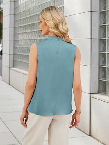 Funlingo Womens Pleated Tank Tops Silk Satin Summer Dressy Casual Tunic Blouse 2026 Trendy Mock Neck Work Shirts Pleatings Turquoise S - Thumbnail 4