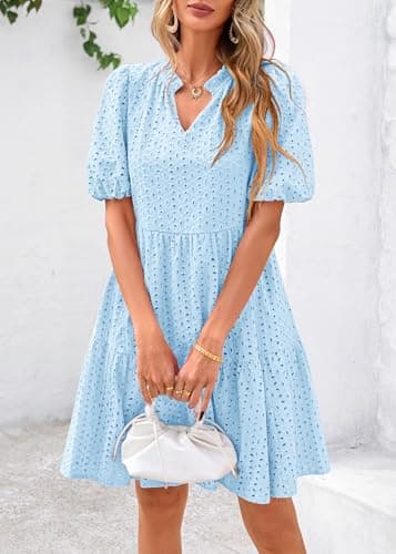KIRUNDO Eyelet Summer Dresses for Women 2026 Mini Casual Hollow Out Short Sleeve Lace Tiered V Neck Shift Dress Pockets(Light Blue, Large) - Thumbnail 3