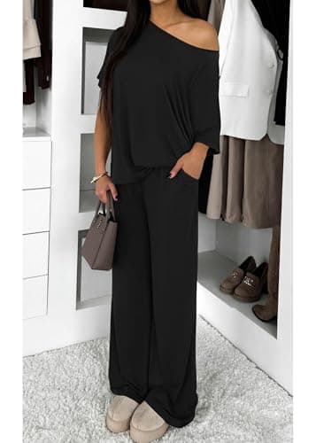KIRUNDO Two Piece Sets for Women Lounge Airport Travel Vacation Outfits 2026 Summer Off Shoulder Tops Matching Wide Leg Pants(Black, X-Large) - Thumbnail 4