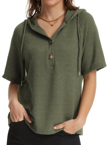 Lallabai Womens Summer Tops Waffle Short Sleeve Loose Sweaters Lightweight Drawstring Hoodies Button V Neck Casual Blouses - Image 1