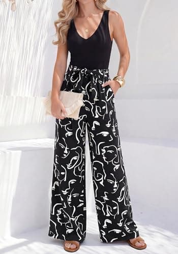 BTFBM Two Piece Sets For Women Summer 2026 Spring Outfits Casual Sleeveless Wide Leg Pants Sets Beach Vacation Clothes(Floral Black White, Large) - Thumbnail 5