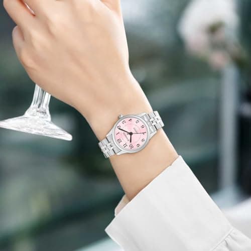 KNISKRED Easy Reader Watch for Women with Solid Stainless Steel Band Ladies Dress Watch Water Resistant (Silver Pink) - Thumbnail 2