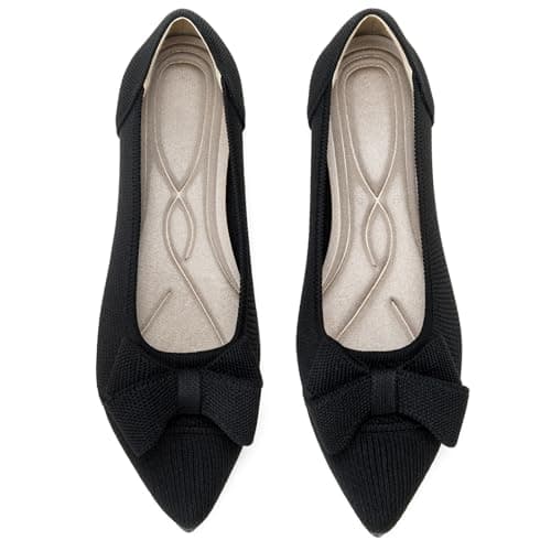 AHZEHRSE Women's Flats Shoes Ballet Flats Shoes for Women Dressy Work Slip On Comfortable Flats Classic Knit Pointed Toe Flats with Bow Black - Image 1