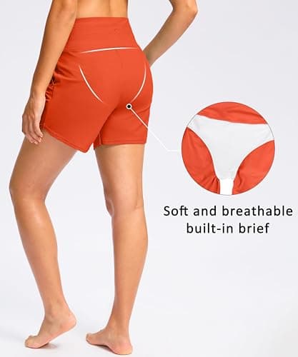 Viodia Women's 5" High Waisted Swim Board Shorts Quick Dry Beach Shorts with Pockets UPF 50+ Swimsuit Bottoms with Liner Orange L - Thumbnail 2