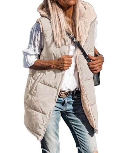 BTFBM Long Puffer Vest Women Fleece Sherpa Jacket Sleeveless Hooded Reversible Zip Up Winter Coat Fall Vests Outerwear(Light Khaki, Small) - Image 1