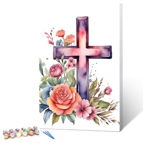 Ginkko Paint by Numbers Kit for Adults Beginner & Kids Ages 8-12 with Wooden Frame Easy Acrylic on Canvas 8x12 inch with Paints and Brushes, Cross and Flower(Include Framed) - Image 1