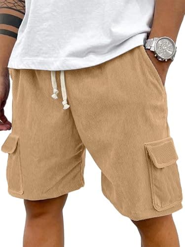 PLEPAN Men's 7" Corduroy Cargo Shorts Casual Breather Shorts with Five Pockets, Drawstring Waist Relaxed Fit for Summer Beach Vacation Shorts Dark Khaki XXL - Image 1