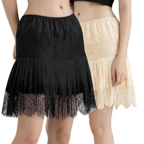 dzmelzu Lace Skirts, Y2K Lace Skirts for Women with Ruffle Floral, Widened Low Waist Layered Slip Skirt S-3XL (US, Alpha, 3X-Large, Regular, Regular, Black+beige) - Image 1