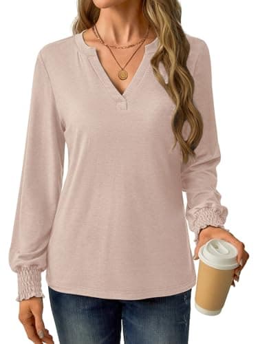 GKBK Womens Long Sleeve Shirts Fall Tops V Neck Business Dressy Casual Blouses with Smocked Cuffs Apricot - Thumbnail 3