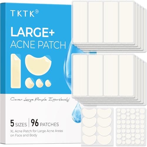 TKTK Pimple Patches, XL Hydrocolloid Patches for Face 60 x 20 mm, Big Acne Patches for Body, Forehead, Chin, Neck Zit Breakouts, Hydrocolloid Bandages (Strip, Contoured, Dot 5 Sizes 96 Count) - Image 1