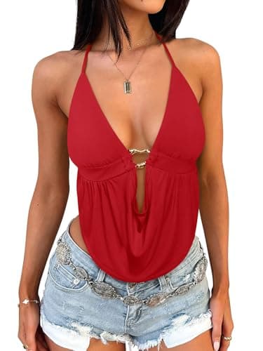 PINKMSTYLE Womens Sexy Halter Top Going Out Backless Tops Y2K Club Rave Outfits Red X-Small - Image 1