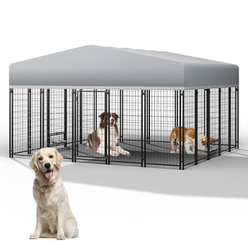 LotFun 10x10 FT Dog Kennel, Heavy Duty Outdoor Dog Enclosure with UV & Rain-Proof Fully Covered Roof, Double Security Locks and Rustproof Metal Mesh for Large Dogs House (9.8 x 9.8 x 6 FT)