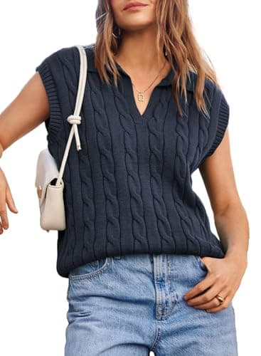 Dokotoo Vest Tops for Women V Neck Lapel Collar Cable Knit Women Vest Cable Knit Womens Vest Top 2025 Trendy Blue Small - Image 1