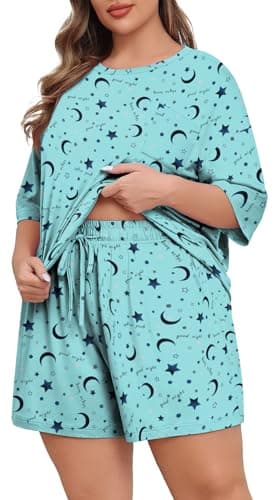 Lastshe Womens Plus Size Pajama Set 2 Piece Soft Short Sleeve with Pockets Shorts Sleepwear Knit Pjs Lounge Set Summer,Blue Star Moon,1X - Image 1