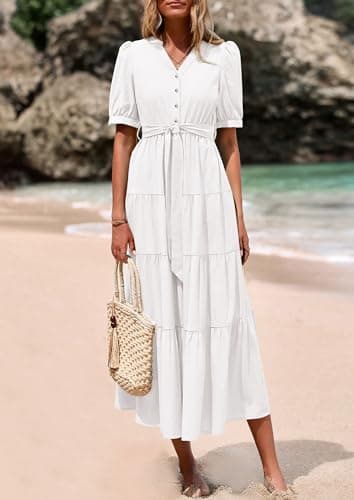 PRETTYGARDEN Summer Dresses for Women 2026 Elegant Classy Short Sleeve V Neck Ruffle A Line Belted Long Beach Vacation Dress (White,Medium) - Thumbnail 3