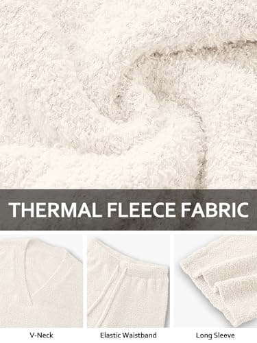 NORACORA Womens 2 Piece Fuzzy Fleece Pajamas Lounge Sets Long Sleeve V Neck Fluffy Pjs Matching Loungewear Off-white - Thumbnail 6