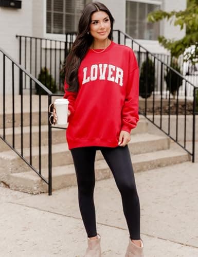 LETSEE Womens Sweatshirt Crewneck Cotton Long Sleeve Casual Pullover Tops Letter Lover(Red, X-Large) - Thumbnail 4
