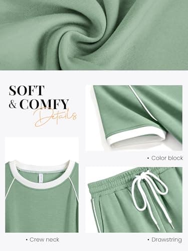 Casly Lamiit Two Piece Sets for Women Travel Airport Outfits Summer Short Sleeve Top Color Block Shorts Spring Casual Lounge Set Pea Green 2XL - Thumbnail 4