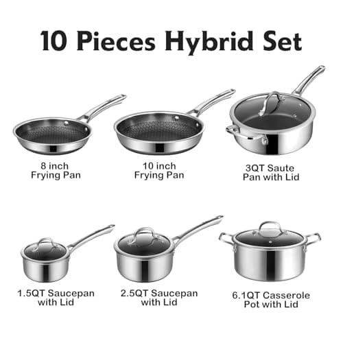 SNOWCLAD Pots and Pans Set Non Stick, 10 Pcs Hybrid Stainless Steel Cookware Sets, Non Stick Frying Pans, Saucepans, Saute Pan & Stock Pot, PFOA Free Kitchen Skillet,Induction Compatible - Thumbnail 4