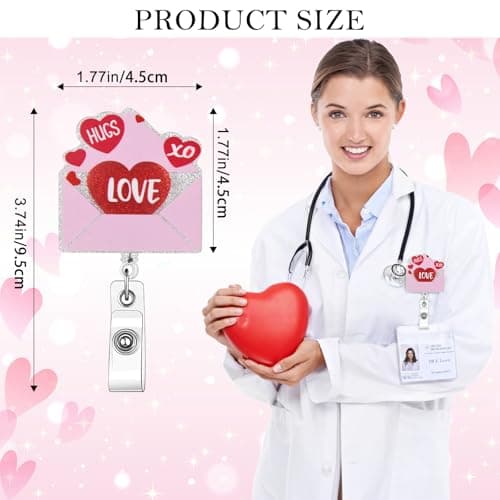 Funny Valentines Nurse Badge Reel Retractable, Valentines Spring Gifts for Nurse/Girlfriend/Women/Mom Glitter Pink Love Letter Badge Reel, ID Card Badge Holder for Doctor Work Teacher Office Staff - Thumbnail 4