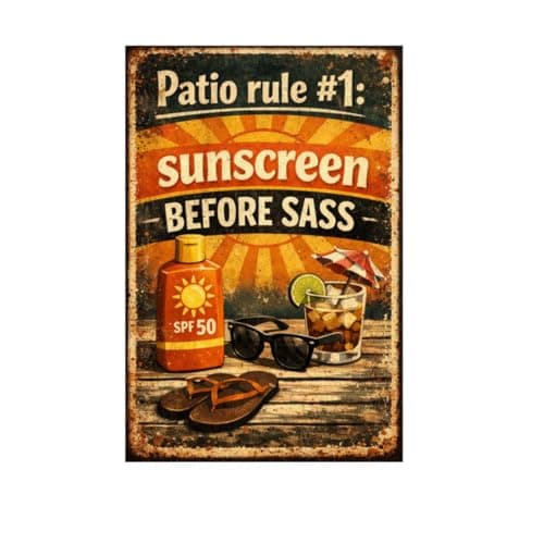 Patio Rule #1 Sunscreen Before Sass Vintage Tin Sign Funny Outdoor Wall Decor Retro Summer Humor Metal Plaque Rustic Backyard Porch Bar Poolside Garden Art 8x12 Inch - Image 1