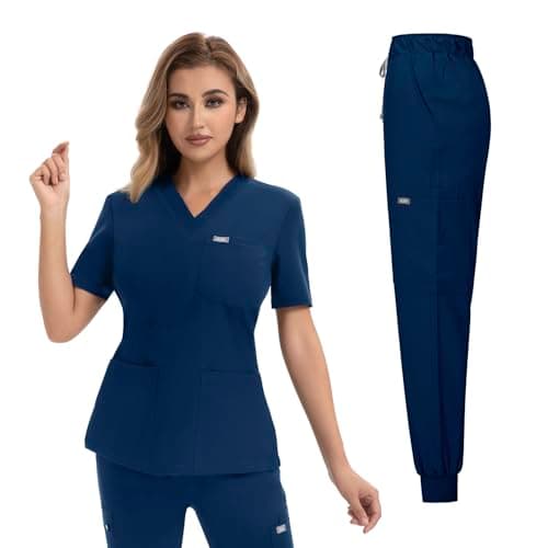 YEZEX Scrubs for Women Set, Medical Scrubs Top & Pants, Jogger Scrub Set w/ 10 Pocket, Slim Fit(Navy Blue)